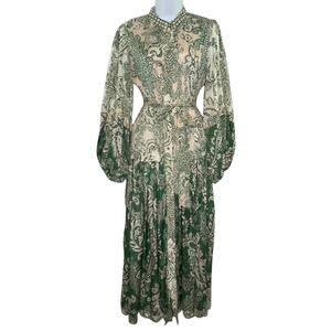 Miss June OS Carlota Bohemian Chic Long Dress Green Peach Belted Paisley